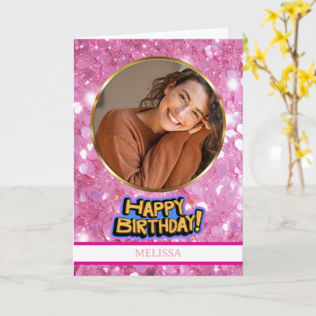 Cartão Modern Pink and Gold Glitter Photo & Name Birthday (Flor Amarela)
