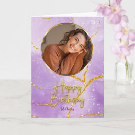Cartão Modern Purple and Gold Photo & Name Birthday