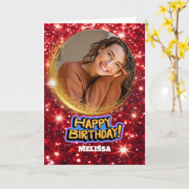 Cartão Modern Red and Gold Glitter Photo & Name Birthday