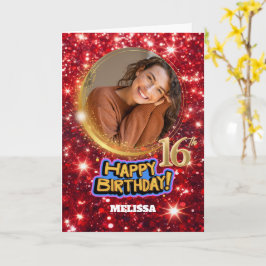 Cartão Modern Red & Gold Glitter Photo Name 16th Birthday