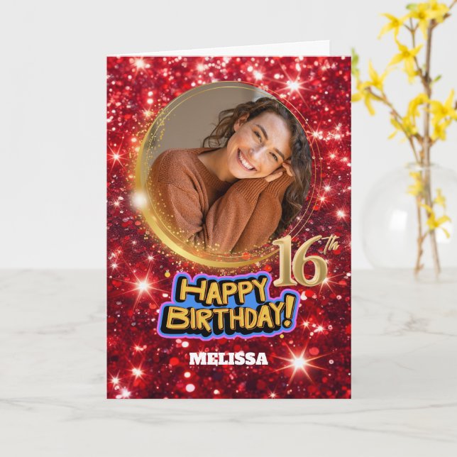 Cartão Modern Red & Gold Glitter Photo Name 16th Birthday (Flor Amarela)