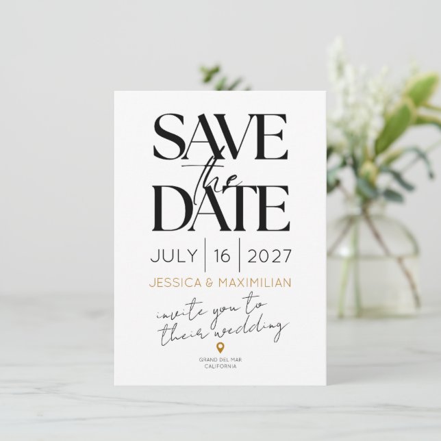 Cartão Modern save the date with gold accents (Em pé/Frente)