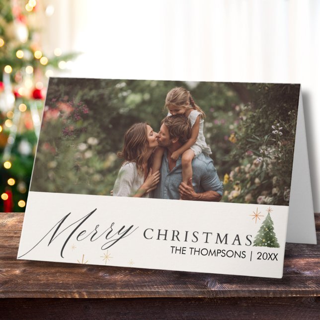 Cartão Modern Script Merry Christmas Family Photo Custom  (Criador carregado)