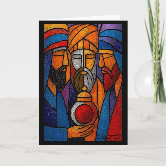 Cartão Modern Stained Glass Three Wise Men in English (Frente)