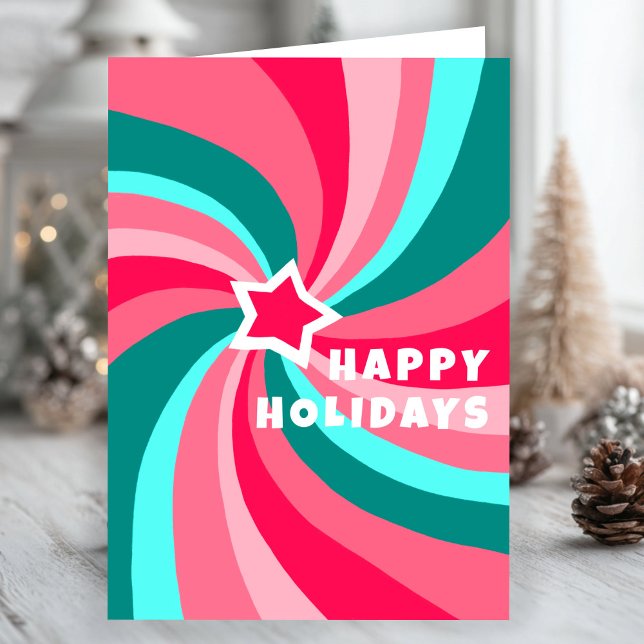 Cartão Modern Swirl HAPPY HOLIDAYS Star Custom Christmas (Modern Swirl HAPPY HOLIDAYS Star Custom Pink Green Christmas Card
)