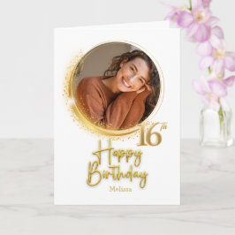 Cartão Modern White & Gold Photo Name 16th Birthday