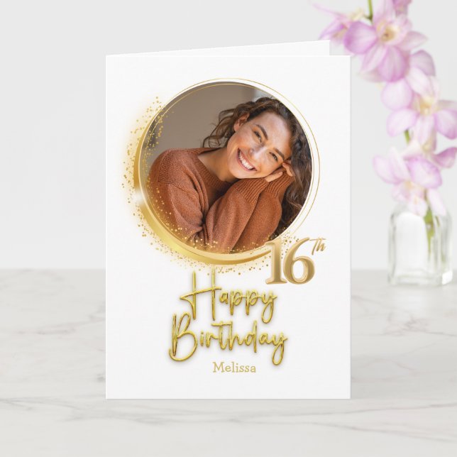Cartão Modern White & Gold Photo Name 16th Birthday (Orquídea)