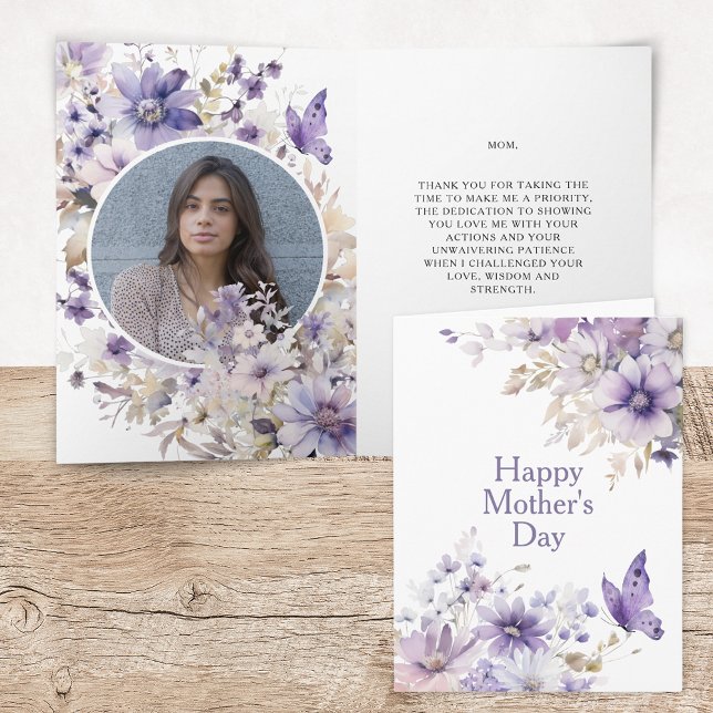 Cartão Moderno de Dia das Mães com Foto Floral Rox (Elegant Modern Floral Watercolor Happy Mother's Day Card with Photo and Personalized Message)