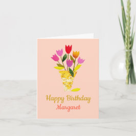 Cartão Moderno do século médio Tulipas Cheery Aniversário