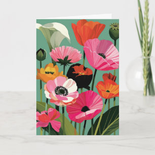 Cartão Moderno Floral Pop de Meados do Século Flor Brilha