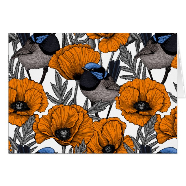 Cartão Moinhos de fada e flores de papoila laranja 2 (Frente Horizontal)