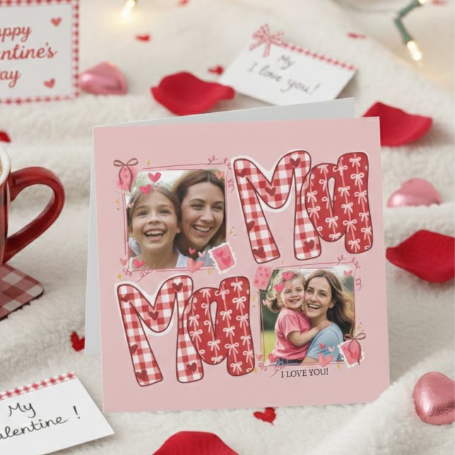 Cartão Mom and Child Photo Valentines Red Plaid Love (Criador carregado)