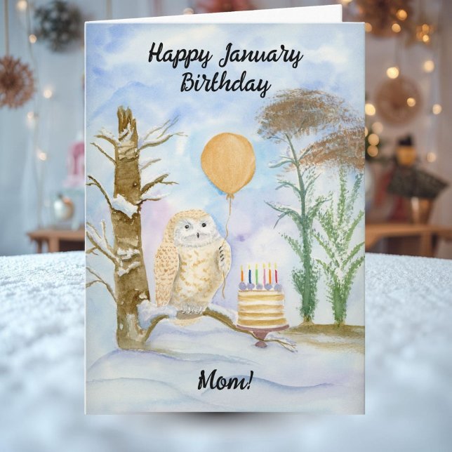 Cartão Mom Happy January Birthday Owl Cake (Criador carregado)
