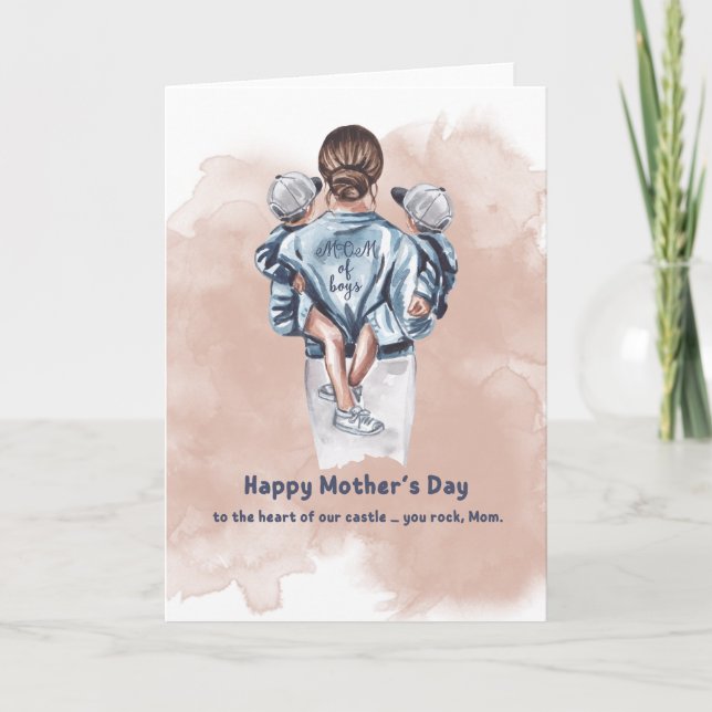 Cartão Mom of Boys Watercolor Mother’s Day Card (Frente)