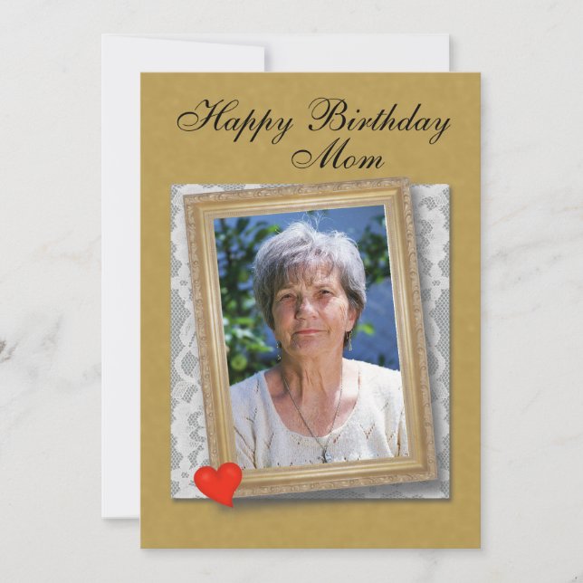 Cartão Mom's Birthday framed photo, lace and heart (Frente)