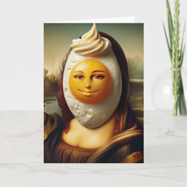 Cartão Mona Engraçada e um Ovo Feliz no Rosto (Frente)