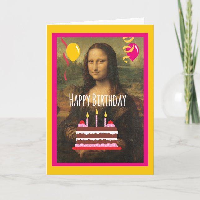 Cartão Mona Lisa Birthday With Cake and Balloons (Frente)