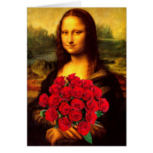 Cartão Mona Lisa Com Buquê De Rosa vermelha