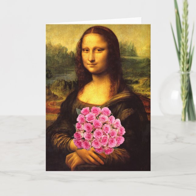 Cartão Mona Lisa Com Buquê De Rosas Rosa (Frente)