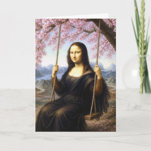 Cartão Mona Lisa de aniversário em um balanço em flores d