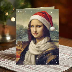 Cartão Mona Lisa de chapéu de Papai Noel - citação engraç
