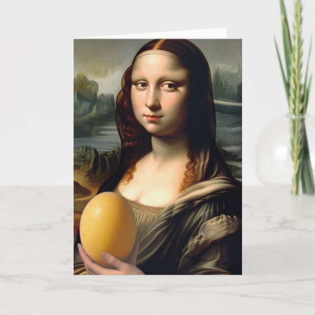 Cartão Mona Lisa Engraçada Pega uma Gema de Ovo (Frente)