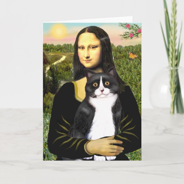 Cartão Mona Lisa - gato preto e branco (Frente)