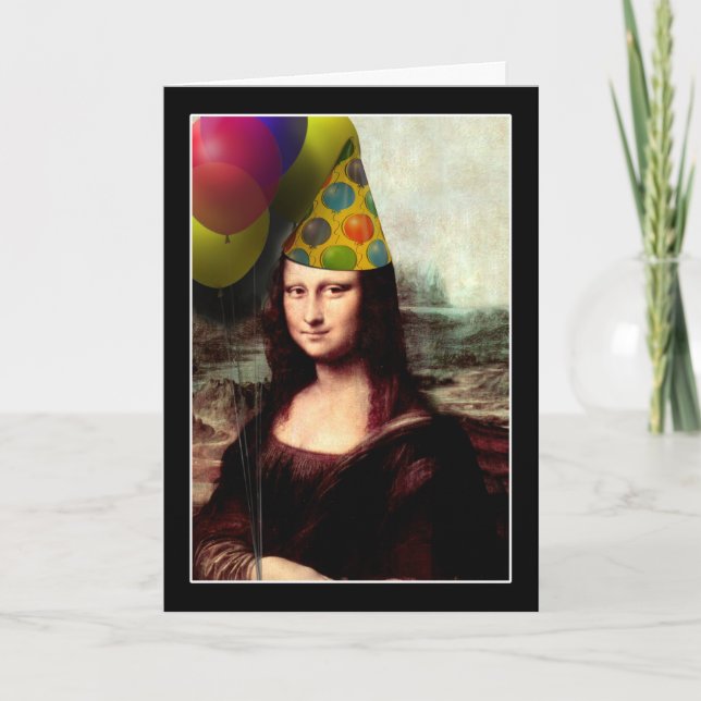 Cartão Mona Lisa Happy Birthday Party Hat Hat Hat (Frente)