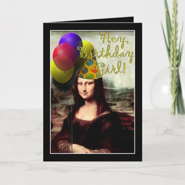 Cartão Mona Lisa Happy Birthday Party Hat Hat Hat (Frente)