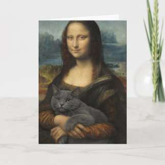 Cartão Mona Lisa Holding Elegant Gray Cat                