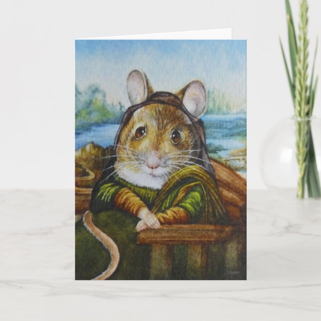 Cartão Mona Lisa Mouse Parody Watercolor Art (Frente)
