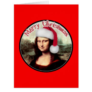 Cartão Mona Lisa Natal Vestindo o Santa Hat