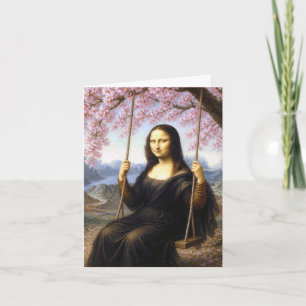 Cartão Mona Lisa num Balanço sob Flores de Cerejeira
