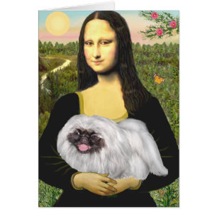 Cartão Mona Lisa - Pekingês branco, máscara preta