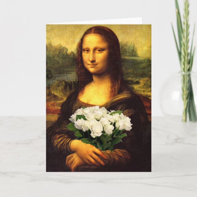 Cartão Mona Lisa With Bouquet Of White Roses (Frente)