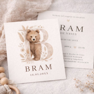 Cartão Monogram Beer Neutraaal Bosdier Jongen Geboorte