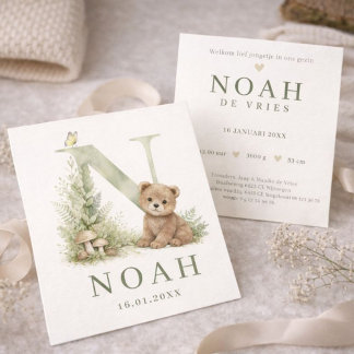 Cartão Monogram N Beer Bosdier Waterverf Geboortekaartje