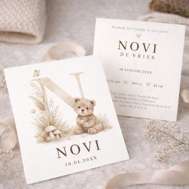 Cartão Monogram N Beer Neutraal Woodland Geboortekaartje (Criador carregado)