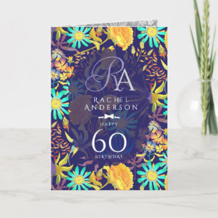 Cartão Monograma Floral Místico em Flor Aniversário Azul