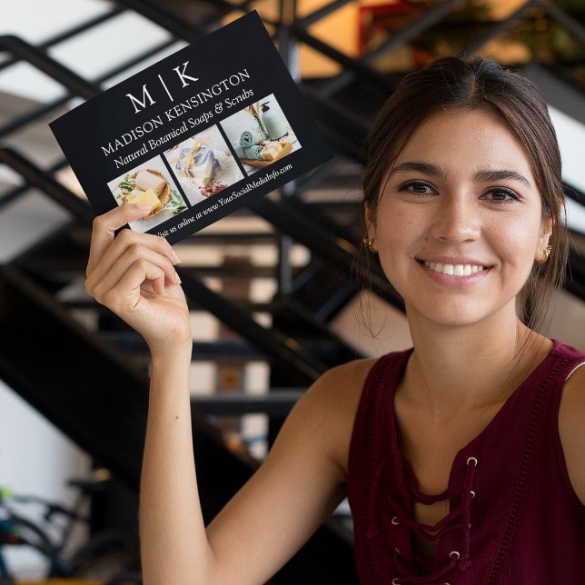 Cartão Monograma ou Adicionar Logotipo Negócios 3 Foto (Edit to Customize text, colors and more)