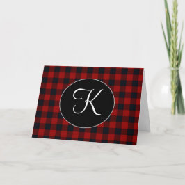Cartão Monograma Personalizado Xadrez Búfalo Vermelho e P