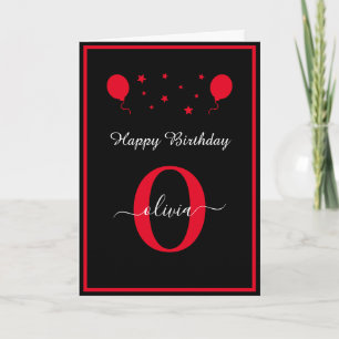 Cartão Monograma Script Feliz Aniversário Preto Vermelho