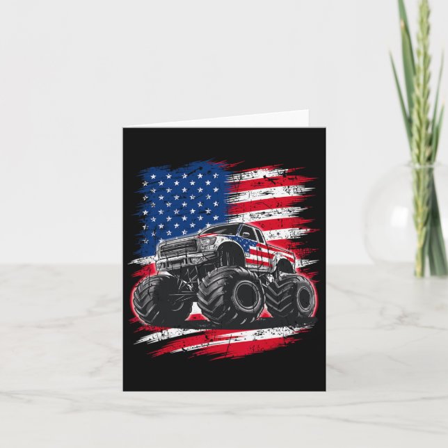 Cartão Monster Truck Usa Flag American For Women Girls Ki (Frente)