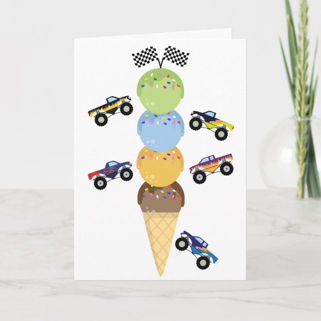 Cartão Monster Trucks and Ice Cream Cone Birthday Weekend (Frente)