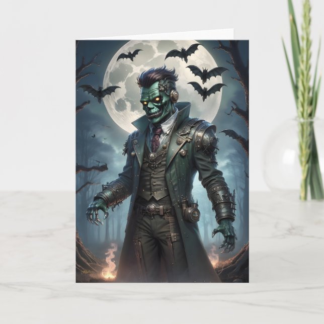 Cartão Monstro de Frankenstein Steampunk de Halloween (Frente)