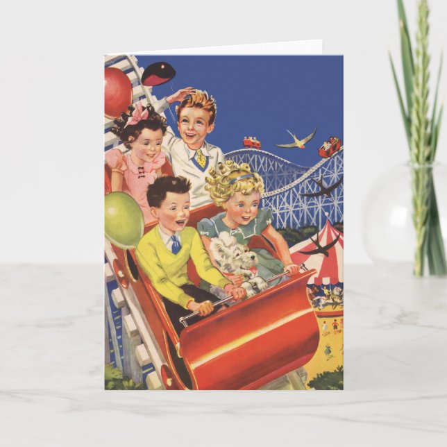 Cartão Montanha-Russa de Cão com Balões Infantís Antigos (Frente)