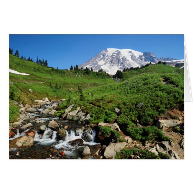 Cartão Monte Rainier, cascata, coberto de neve (Frente Horizontal)