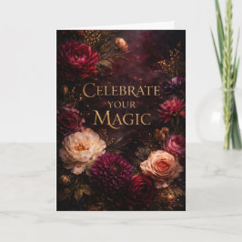 Cartão Moody Dark Floral Gold Script Birthday Card