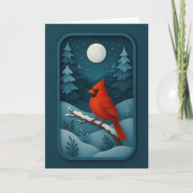Cartão Moonlit Cardinal in Winter Forest Card (Frente)