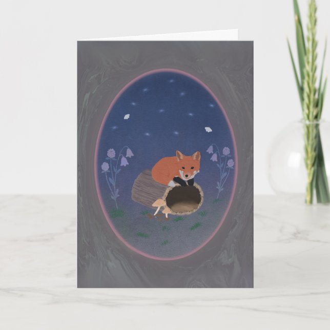 Cartão Moonlit Fox on Woodland Log 5x7 Greeting Card (Frente)